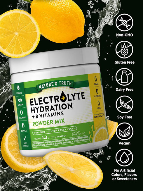 Nature's Truth Electrolytes Powder, No Sugar, Vegan, Non-GMO, Gluten Free Supplement for Hydration, Lemon Flavor