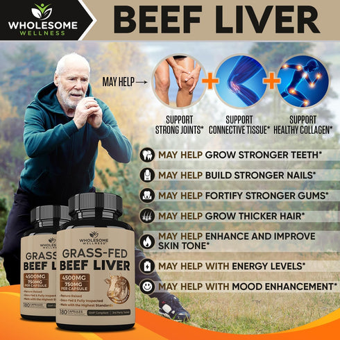 Wholesome Wellness Grass Fed Desiccated Beef Liver Capsules (180 Pills, 750mg Each) - Natural Iron and Vitamins