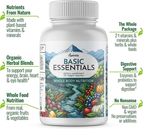 OPTIVIDA Whole Food Multivitamin & Minerals with Probiotics, Prebiotics, Postbiotics, Immune, Gut, Mind, Energy & More,