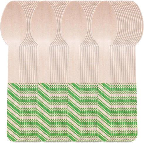 mifengda 120Pcs Christmas Disposable Wooden Spoons Green Stripe Wooden Spoons Striped Tasting Spoons