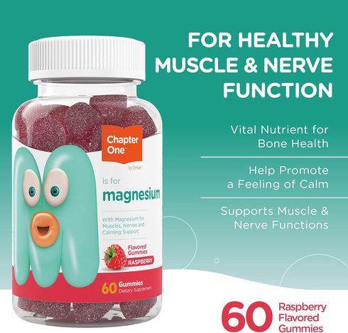 Chapter One Magnesium Gummies, Great Tasting Magnesium for Kids, Calm Kids Magnesium, Certified Kosher (60 Flavored