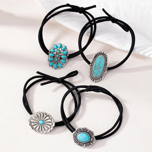 Western Turquoise Decorative Hair Ties for Women and Girls, Bohemian Ponytail Holders (4 Pcs)