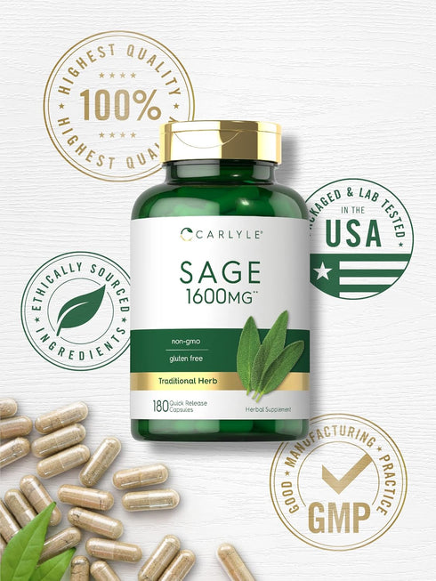 Carlyle Sage Supplement 1600mg, 180 Capsules, High Potency, Non-GMO, Gluten Free