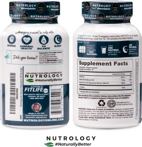 Nutrology Zen Natural Magnesium Supplement 400mg Magnesium Malate with Vitamin D3 & L-Theanine, 30 Servings