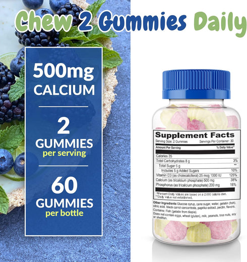 Calcium 500mg with Vitamin D3 1000 IU Gummies - Bone Strength for Adults, Teens, Kids, 60 Count