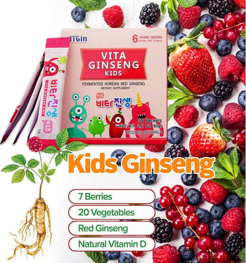 Vita Ginseng Kids Vitamin D, 7 Berries, Banana, 20 Vegetables, Milk Powder for Immune Support, Focus, 30 Packets