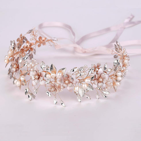Oriamour Bridal Headpiece Wedding Headband with Flower Design, Genuine Freshwater Pearls & Ribbons (Rose Gold)