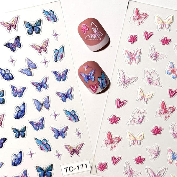 Butterfly Nail Art Stickers, 5D Self-Adhesive Spring Nail Stickers, Blue Pink 3D Embossed Nail Design