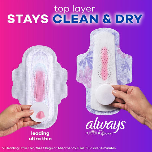 Always Radiant Feminine Pads for Women, Flexfoam Pads with Wings, Size 2, Heavy Absorbency, 78 Count