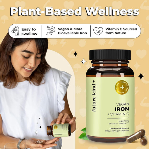 Future Kind Vegan Iron Supplement with Vitamin C, 30 Iron Capsules in Glass Bottle - Iron Supplements for Men and