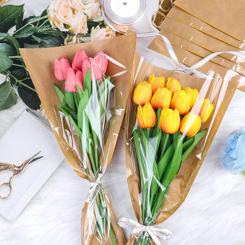 STEFORD 50Pcs 9.8x17.9 Inch Flower Bags for Bouquets Kraft Floral Sleeves Wrapping Paper with Ribbons for Mother's Day