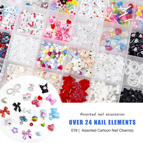 Mix Assorted 3D Nail Charms, Kawaii Kitty Bowknot Lollipop Bear Planet Nail Supplies with Rhinestones for Crafts