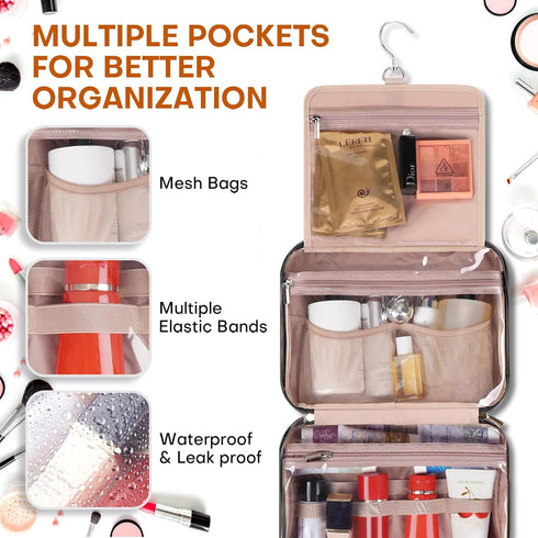 Women's Travel Toiletry Bag, Hanging Makeup Organizer for Accessories and Full-size Toiletries in Medium Black