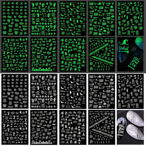 TailaiMei 9 Sheets Halloween Nail Stickers | Glow in The Dark Fluorescent Design Nail Decals for DIY Manicure