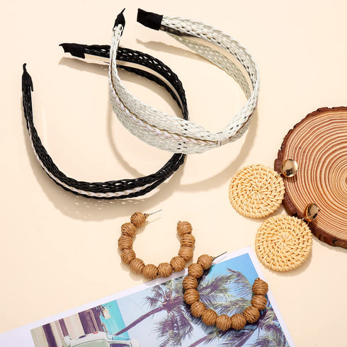NVENF 6Pack Straw Headbands, Rattan Earrings for Women, Boho Raffia Knotted Hairband, Summer Beach Accessory