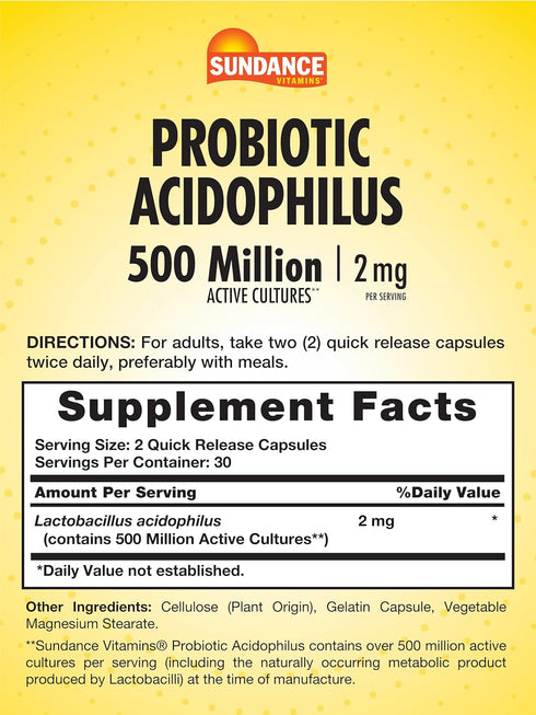 Probiotic Acidphilus 2mg | 60 Quick Release Capsules | 500 Million Active Cultures | Non-GMO, Gluten Free Supplement | by Sundance