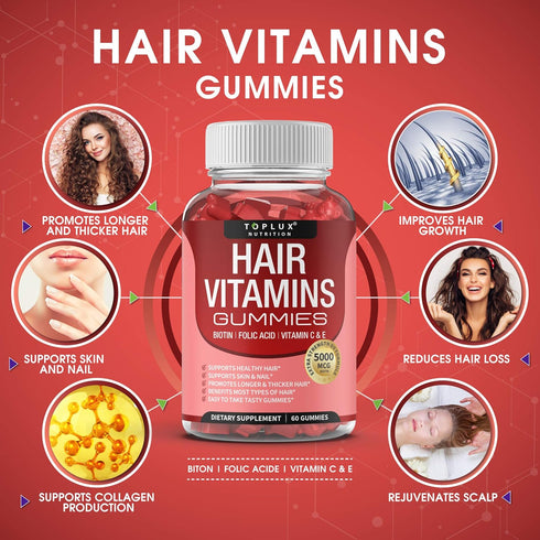 Gummies Gummy 5000mcg 60 Gummies Hair Vitamins Supplement Faster Hair Growth Biotin, Folic Acid, Vitamin C & E, Support