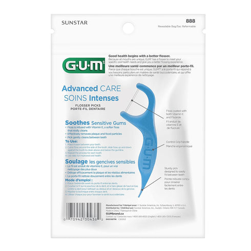GUM Advanced Care Floss Picks - Dental Flossers for Adults with Vitamin E, Fluoride, Fresh Mint Flavor, 90 ct