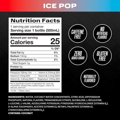 PRIME Hydration ICE POP Sports Drinks, 12 Pack - Electrolyte Enhanced with 250mg BCAAs and 2g Sugar