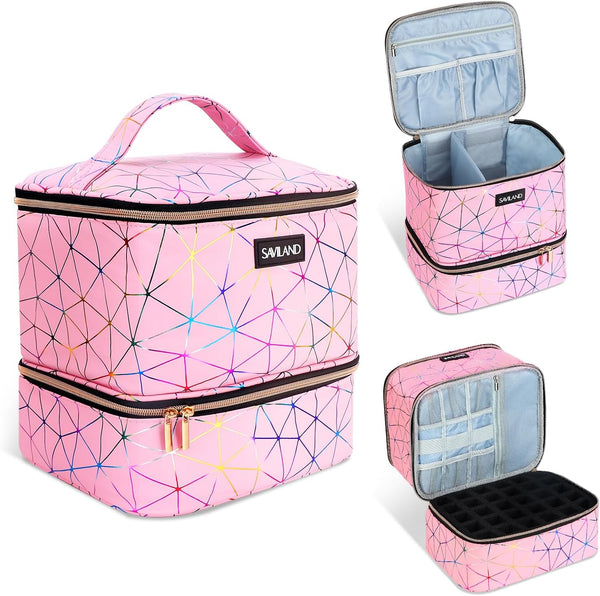 SAVILAND Nail Polish Organizer Bag: PU Leather Storage for 30 Bottles & Nail Lamp, Travel Case for Nail Tech Supplies