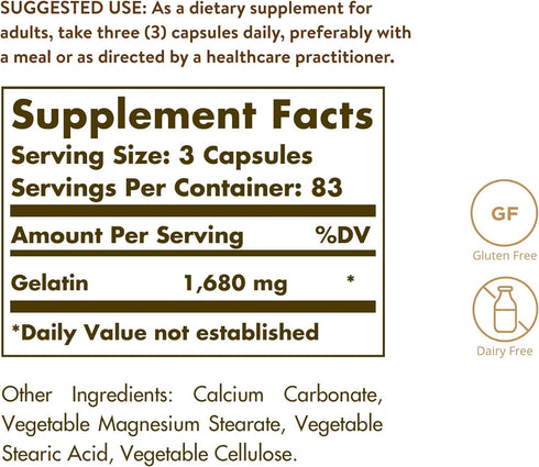 Solgar Gelatin 1680 mg, 250 Capsules - Natural Gelatin - Supports Bone, Joint & Skin Health - Gluten Free, Dairy Free - 83 Servings
