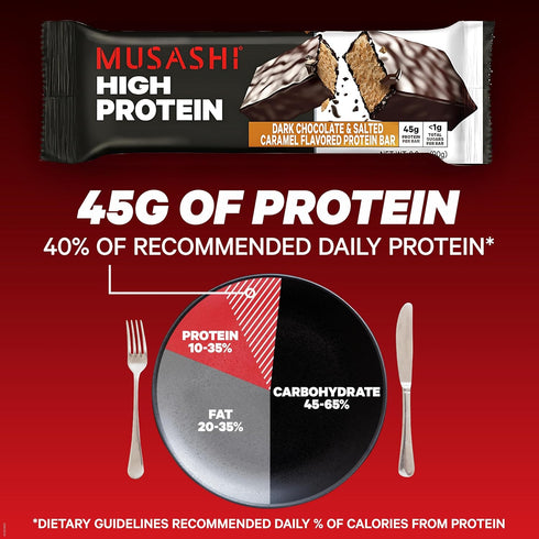MUSASHI High Protein Bar, Dark Chocolate & Salted Caramel, 45g Protein, <1g Total Sugars, 12 Pack of 3.2oz Bars