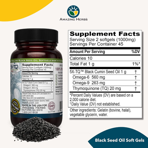 Amazing Herbs Premium Black Seed Oil Capsules - Cold Pressed Nigella Sativa, 90 Count, 500mg