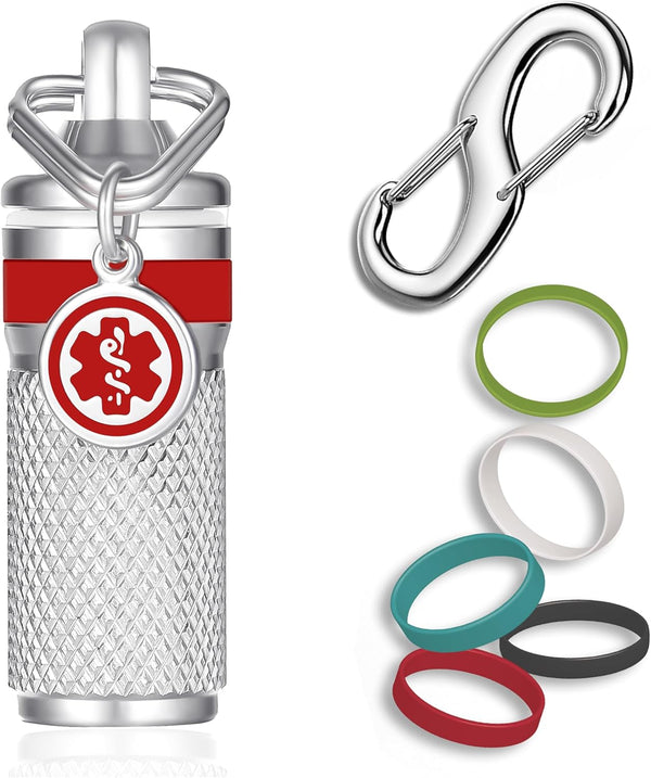 Divoti Precision CNC Machined Stainless Steel Emergency Pill Holder Keychain with Small Silicone Bands