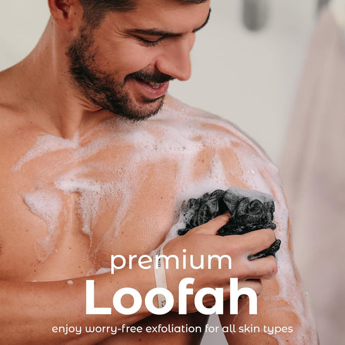 MainBasics Bath Shower Loofah Sponge Pouf, Body Scrubber Exfoliator Body Wash Sponge (Set of 3, Black Ice)