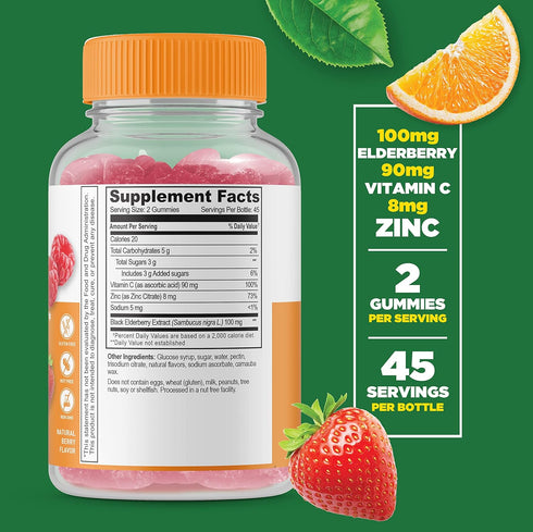 Lifeable Immune Support for Adults Gummies - with Elderberry, Vitamin C and Zinc - Great Tasting Natural Flavor Gummy Supplement - Gluten Free Vegetarian GMO-Free Chewable Vitamins - 90 Gummies