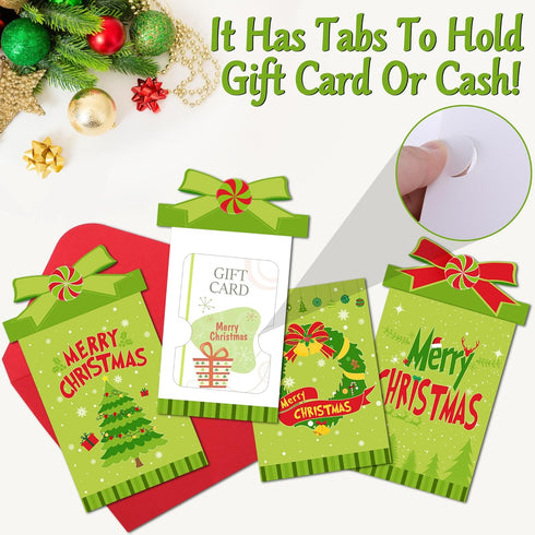 Watayo 12 Sets Christmas Money and Gift Card Sleeves, Xmas Money Holder Ornaments for Cash Gifts with Envelopes, Green