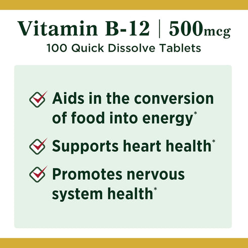 Nature's Bounty Vitamin B12, 500mcg, 100 Quick Dissolve Tablets for Energy Metabolism and Nervous System Health