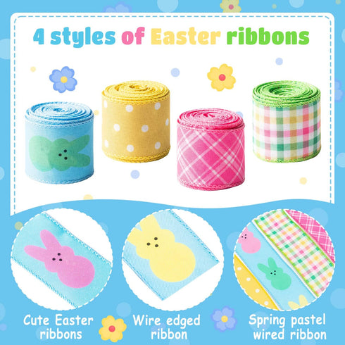 4PCS Easter Spring Pastel Wired Ribbon Rolls, Decorative Ribbons for Gift Wrapping and DIY Craft Decor