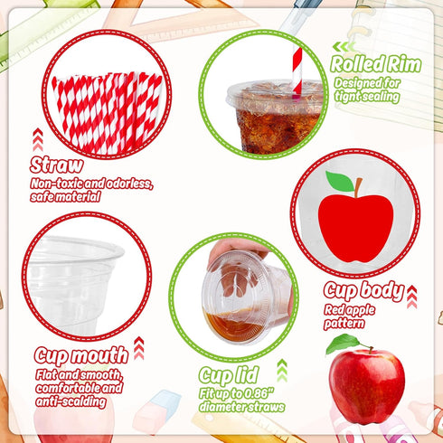 Whaline 50Pcs Back to School Apple Disposable Plastic Cups, 12oz Red Apple Cold Beverage Drinking Cups with Lids and