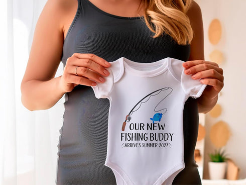 Our New Fishing Buddy Arrives - Customizable Pregnancy Announcement Baby Bodysuit - Personalized Reveal