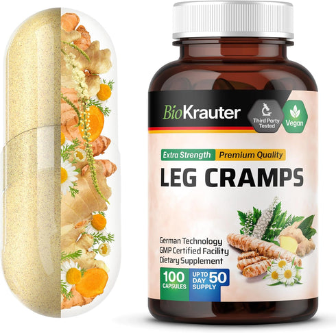 BIO KRAUTER Leg Cramps Capsules with Magnesium - 1200 mg Blend, 100 Vegan Caps for Natural Relief