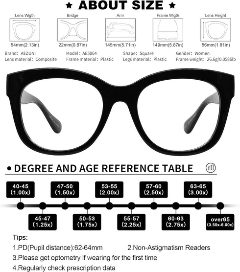 AEZUNI Oversized Reading Glasses for Women, Large Readers 0 1.0 1.25 1.5 1.75 2.0 2.25 2.5 2.75 3.0 3.5 4.0 5.0 6.0