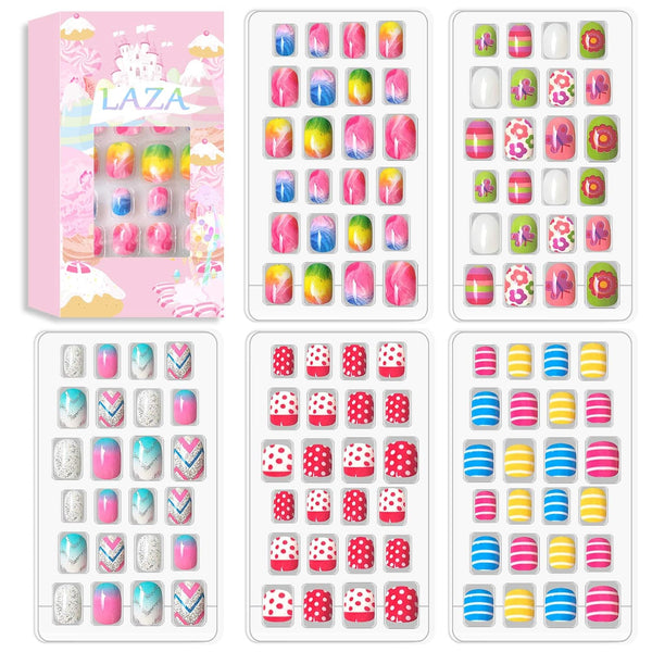 Laza 120pcs Children Nails Press On - Pre-glue Full Cover Nail Tip Kit, Glitter Gradient Color for Kids