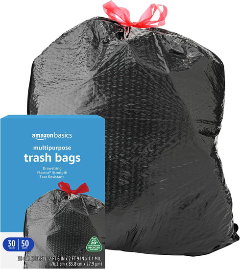 Amazon Basics Flextra Multipurpose Drawstring Trash Bags, 30 Gallon, 50 Count, 20% Post Consumer Recycled