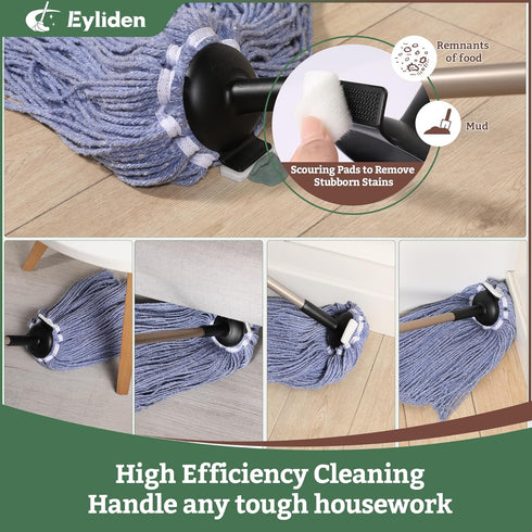 Eyliden String Mop with 2 Reusable Heads, Non-Touch Replacement Mops for Floor Cleaning