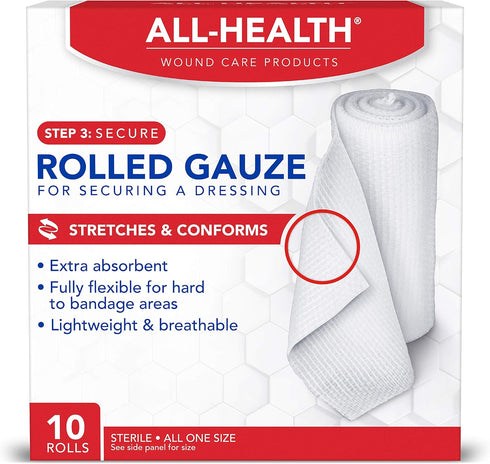 All Health Rolled Gauze Pads - 3 X 2.5 Yds for Wound Cleaning or Covering, 10 Count