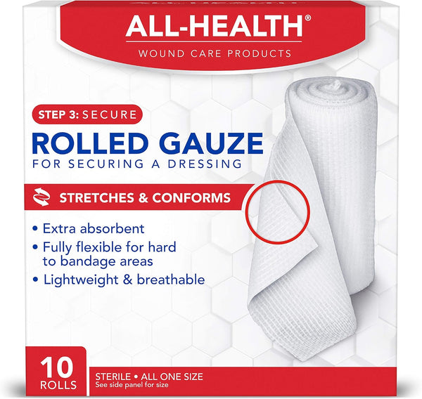 All Health Rolled Gauze Pads - 3 X 2.5 Yds for Wound Cleaning or Covering, 10 Count