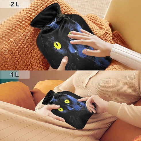 YETTASBIN 2L Black Cat Hot Water Bottle, Transparent Leakproof Hot Water Bag Washable Heat Resistant Water Bottle