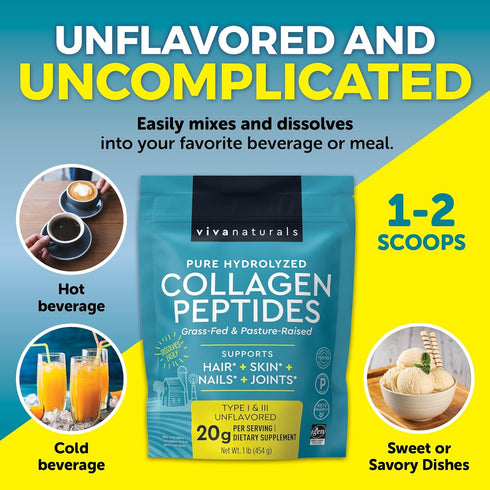 Viva Naturals Hydrolyzed Collagen Peptides Powder, 1 lb Unflavored Bovine Collagen for Women, Type I & III, Grass-Fed