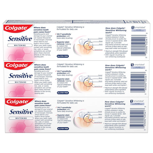 Colgate Whitening Toothpaste for Sensitive Teeth, Fresh Mint Gel, Enamel Repair, Cavity Protection, 6 Oz (Pack of 3)
