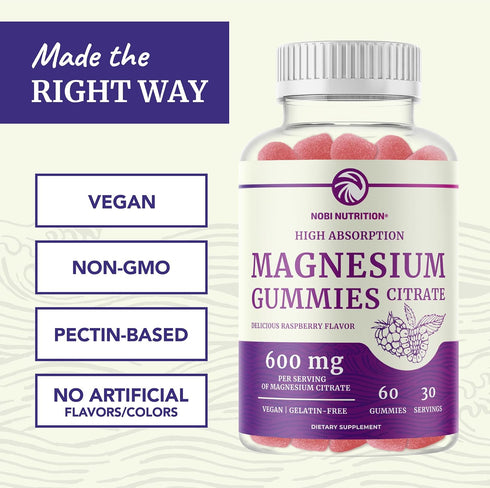 Magnesium Citrate Gummies, 600mg High Absorption for Calm, Relaxation & Digestion, Vegan, Raspberry Flavor, 60 Count