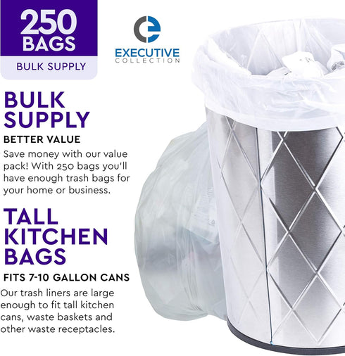 Clear 7-10 Gallon Trash Bags, Bulk Pack, Medium Size Garbage Bin Liners for Office, Bedroom, Kitchen, 250 Bags
