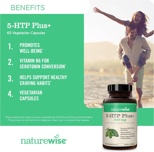 NatureWise 5-HTP 200mg Supplement with Vitamin B6 for Mood Support and Natural Sleep Aid, 60 Count