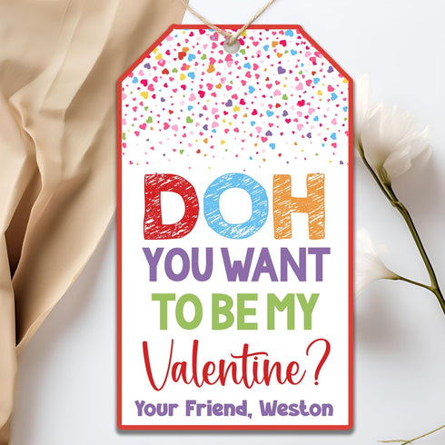 Set 20 GT489 of Personalized Doh You Want to Be My Valentine Kid's Treat Tags | Play Dough Valentinne Tags | Customized