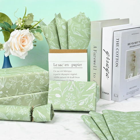 100 Sheets Sage Green Wildflowers Tissue Paper, Green White Floral Printed for Boho Themed Baby Shower, Weddings